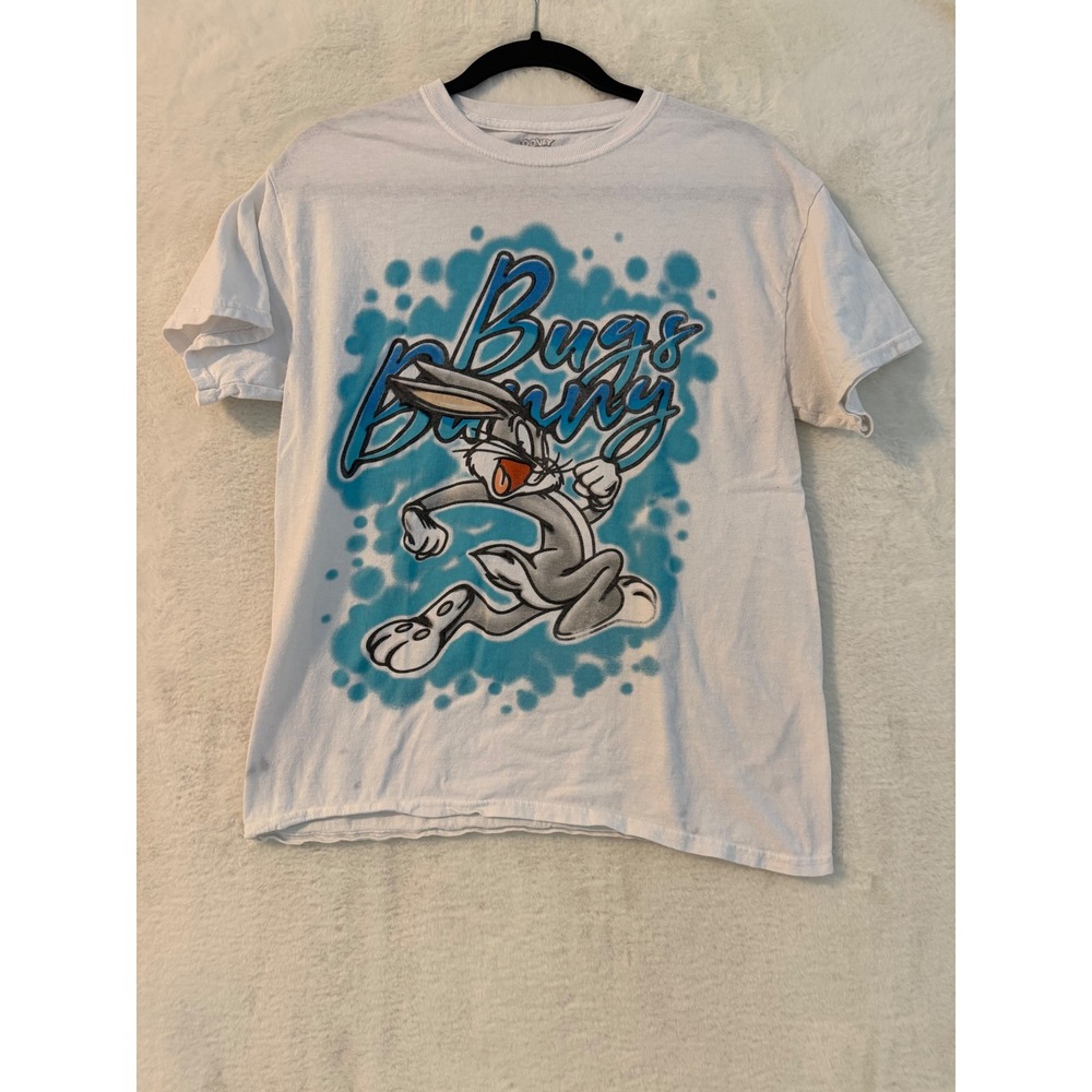 Looney Tunes Bugs Bunny Airbrush Graphic T-Shirt Mens Medium White Blue Cotton